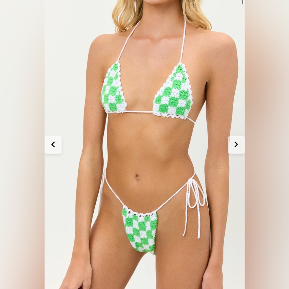 Frankie’s Bikinis Crochet Green and White Checkered Bikini Set